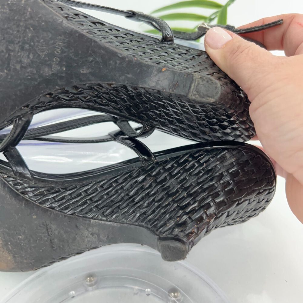 Prada Sandals Women's Size 41 11 Black Leather Wedge Woven Slingback Vintage Y2K - Picture 12 of 15